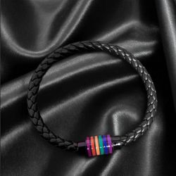 Braided Leather Bracelet with Rainbow Magnetic Clasp