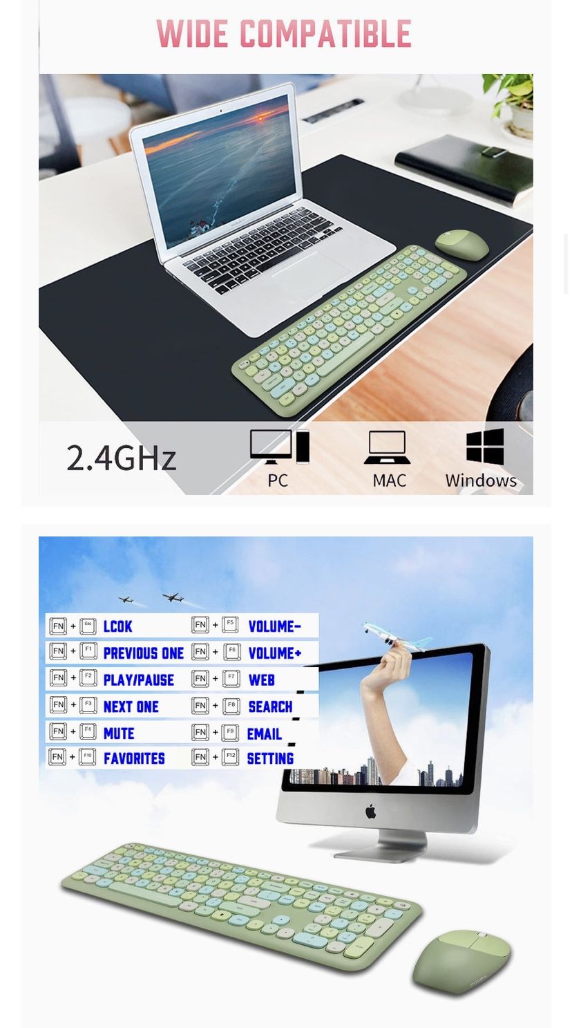 Wireless Keyboard and Mouse Combo, Colorful Typewriter Keyboard with Round Keycaps, 2.4GHz Dropout-Free Connection, Long Battery Life, Cute Wireless M