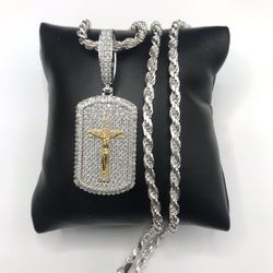 925 Sterling Silver 2.50CT MOISSANITE Crucifix Dog Tag Men’s Necklace Size  22”