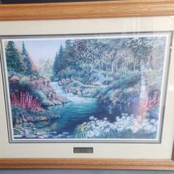 Falling Waters Print bt Leanne Hanson Contry Forrest River Scene Professionally Framed 30.5" × 24.5" Nice Condition