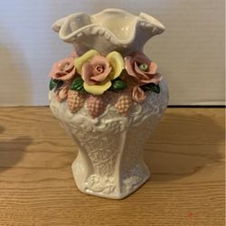 Vintage iridescent  glaze ceramic vase with applied flowers 7” x 5”