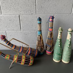 Vintage Spanish Plastic Woven Wine Bottles, Set of 6