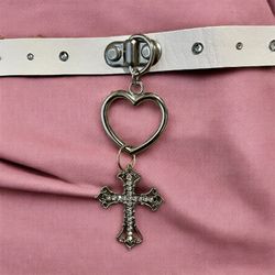 Handmade White Leather Choker With Silver Heart And Cross Dangling With Rhinestone Accents 