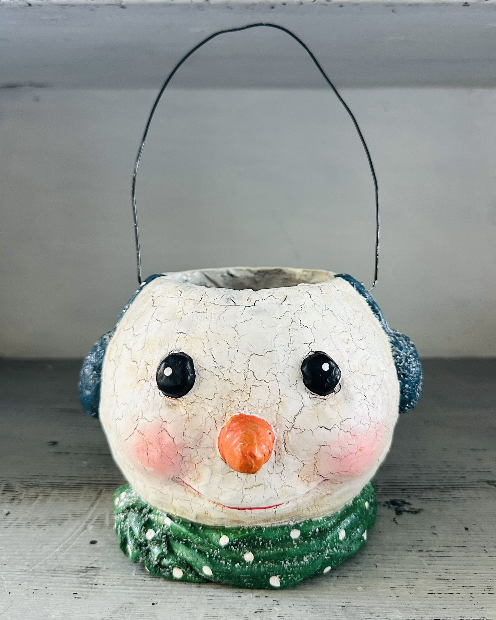 Vintage “Inspired” Snowman paper mache/pulp bucket decor. 5” tall x 6” wide. Sparkly glitter with primitive aged Crackled effect.