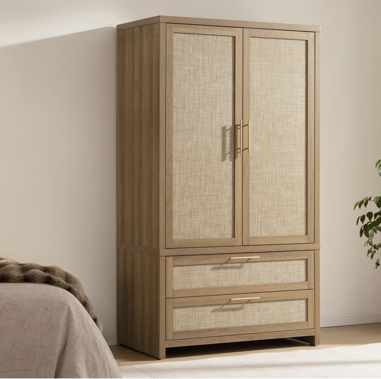 BA111A1XBNY1159 Rattan Armoire Wardrobe Closet Cabinet, 71" Tall Wardrobe Storage Cabinet with 2 Drawers and Hanging Rod, Boho Large-Capacity Deep Arm
