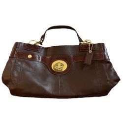 COACH Penelope Brown Leather Snakeskin Accent Satchel Tote Bag F16531 Turn Lock