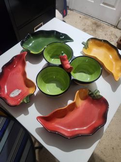 Clay Art Hand Painted Pepper Serving Set 5 Piece Ceramic Appetizer Dish Set