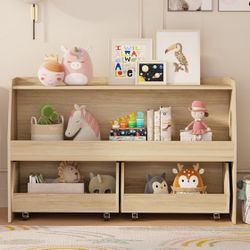 Toy Storage Organizer, 2 Tier Montessori Shelf with Movable Bins, Toy Organizers Book Shelf for Kids Room, Playroom, Nursery (Wood)