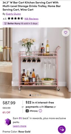 Bar Cart, with 2 Mirrored Shelves, Wine and Glass Holders, for Kitchen, Dining Room, Rose Gold