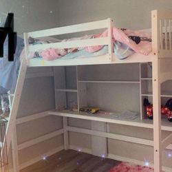 Merax Loft Bed Twin Size, with Desk, Solid Wood Size Frame Shelves, White
