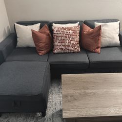 Modern Grey couch, Portable Storage Ottoman,  and Pillows.