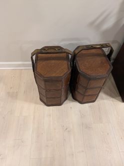 2 Antique Chinese Wedding Baskets.  Wicker.  3 Tiered Storage.  Great Condition.  Dowry.  