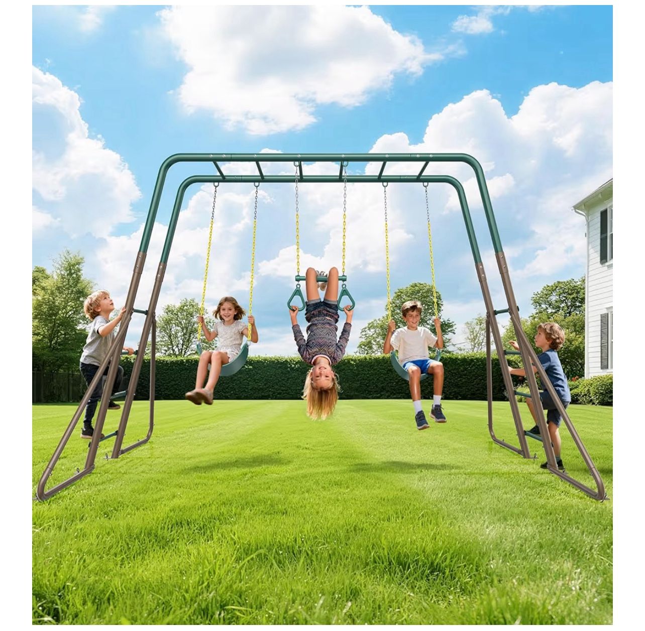 Brand New In The Box - Hapfan Swing Sets for Backyard with Monkey Bars, 2 Belt Swings & Trapeze Bar- Heavy Duty Metal Outdoor Playground Sets for Kids