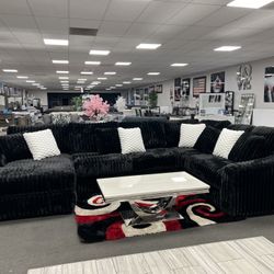 American Made Black Velvet Sofa Sectional w/ Chaise 