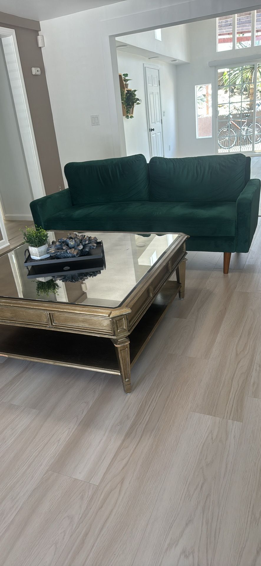 Elegant Green Velvet Sofa & Gold Mirrored Coffee Table Set – Like New!”
