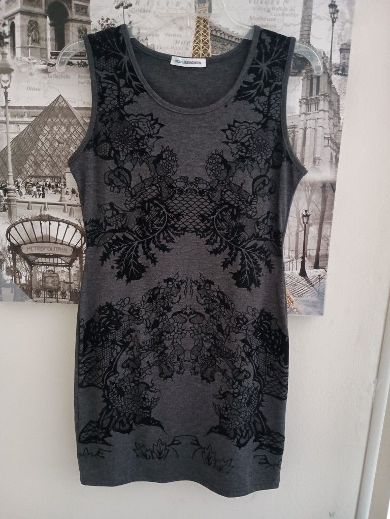 Ladies Grey Dress With Floral Patterns.