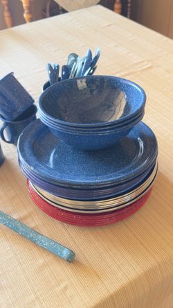 Vintage Speckled Enamelware Dish Lot, 50 Pieces, 20 Plates, 3 Bowls, 5 Mugs, 21 Spoons
