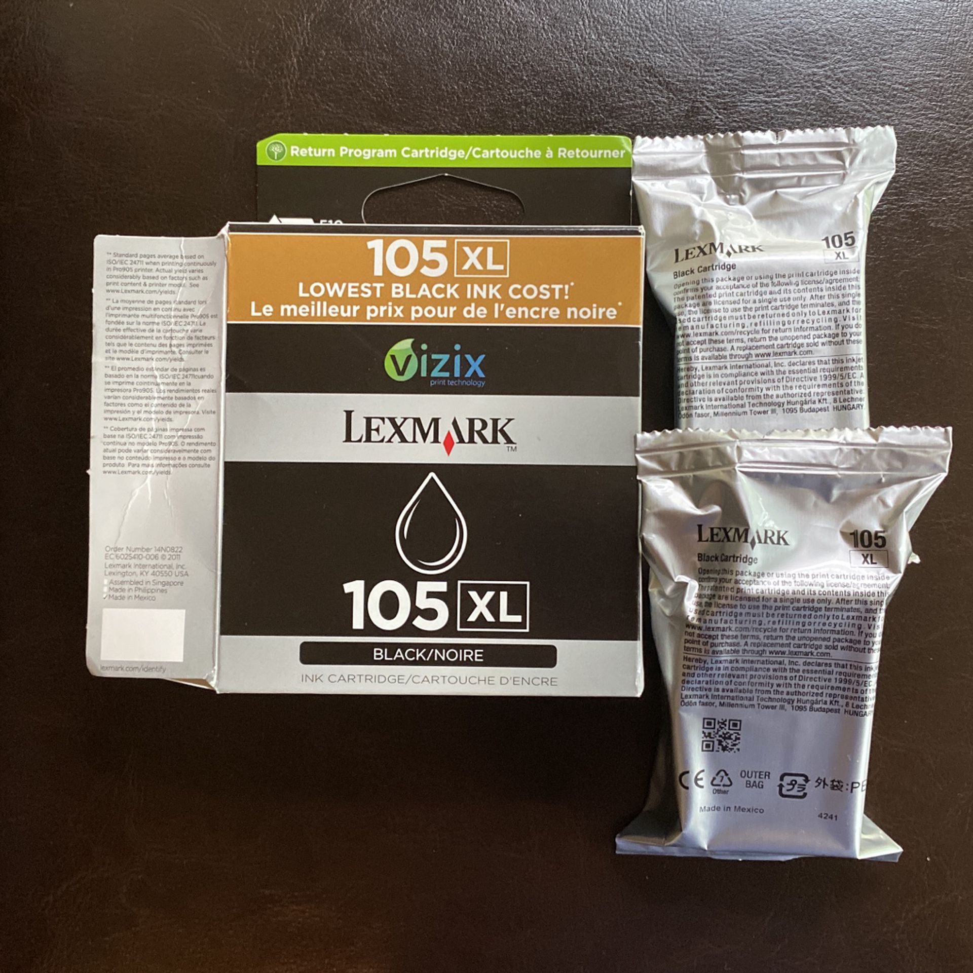 Two Lexmark Black Printer Ink Cartridges 105XL 