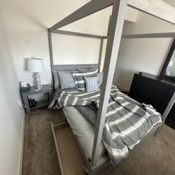 Canopy Bed Frame/ Full Size Matress/ Built In Storage Drawers On Both Sides/ Foundation With Wood Slats/ No Box Spring Needed/easy assembly/ Grey