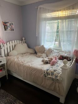 White Solid Wood Twin Bed bFrame w/ Pull-Out Trundle + Twin Mattress