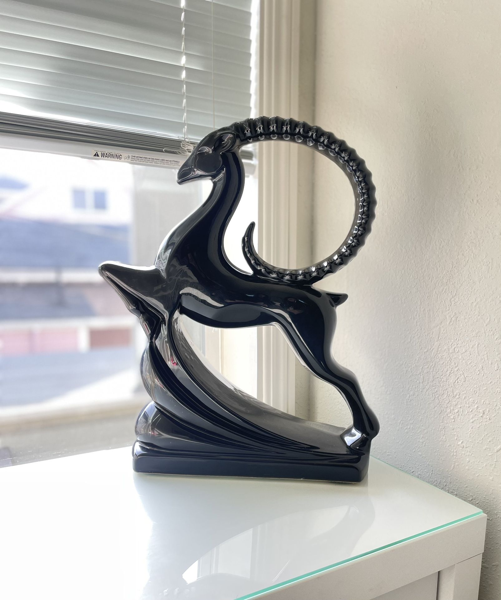 Royal Haeger Pottery Large Black Ceramic Ram Gazelle Impala Statue Modern Art Deco Home Design