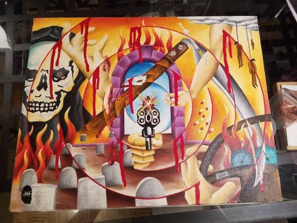 Art oil painting original death skull outsider suicide dark surreal
