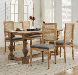 French Gray Fabric Dining Chairs with Square Rattan Backrest & Carved Solid Wood Frame set of 4