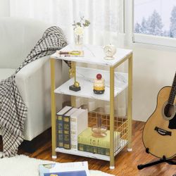 3 Tier Industrial Wooden Record Player Stand with Vinyl Storage Shelf White Marble Night Stand Golden Metal Frame