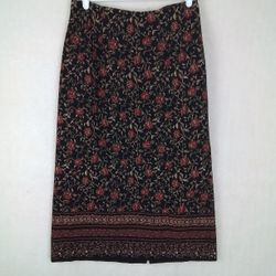 Briggs Petite Floral Print Midi Skirt Size 6 Petite in Black, Gold, Red
