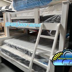 Twin Full White Solid Pine Bunk Bed With Mattresses 