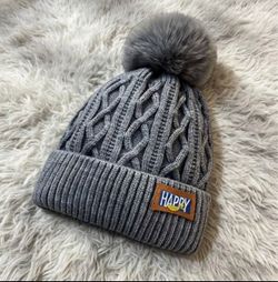 Gray Pom Pom Cable Knit Beanie Hat with HAPPY Patch - Winter Warm, New With Tags