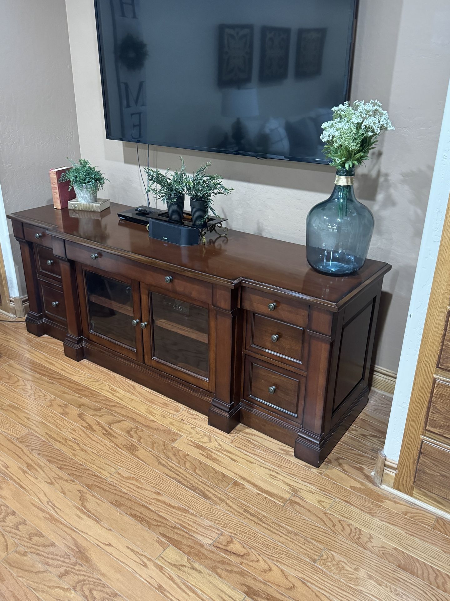 Farmhouse (7) Drawer Wooden Entertainment Console with Shelving.
