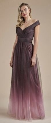 BELSOIE Ombre Tulle off the shoulder top with a softly gathered a-line skirt. COLOR SHOWN IN: ESPRESSO-ROSE