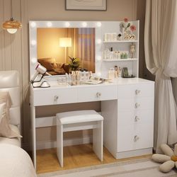 47" Vanity with Glass Top - Makeup Vanity Desk with Outlet, 6 Drawers, 3 Storage Shelves and Mirror, 3 Color Lighting with Dimming Brightness, Makeup 