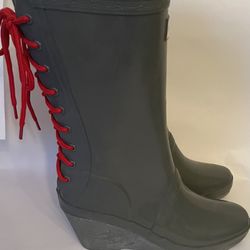HUNTER Verbier Wedge Rain Boots Gloss Gray/Red Lace Up Back Womens Size 7