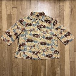 Vintage 70s Floral Print Button Down Polyester Blouse Medium Disco Beige