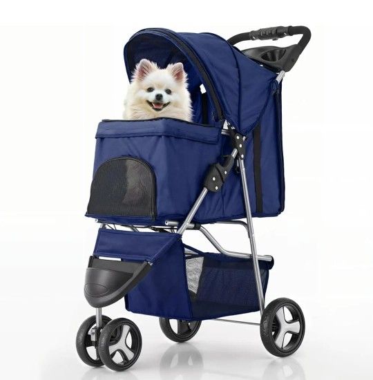 MoNiBloom 3 Wheels Pet Stroller, Foldable Dog Cat Cage Jogger Stroller with Weather Cover for All-Season, Storage Basket and Cup Holder, Breathable
