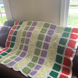 Vtg Granny Square Crochet Afghan Blanket 67x62 Colorful Grid Stripe Boho Throw