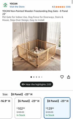 YOCAN Non-Painted Wooden Freestanding Dog Gate - 8 Panel 23". NEW!