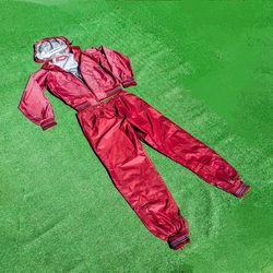 Vintage 1980s Ellesse Red Wine 2-Pc Jacket+Pants Tracksuit BROKEN Zipper Med Set