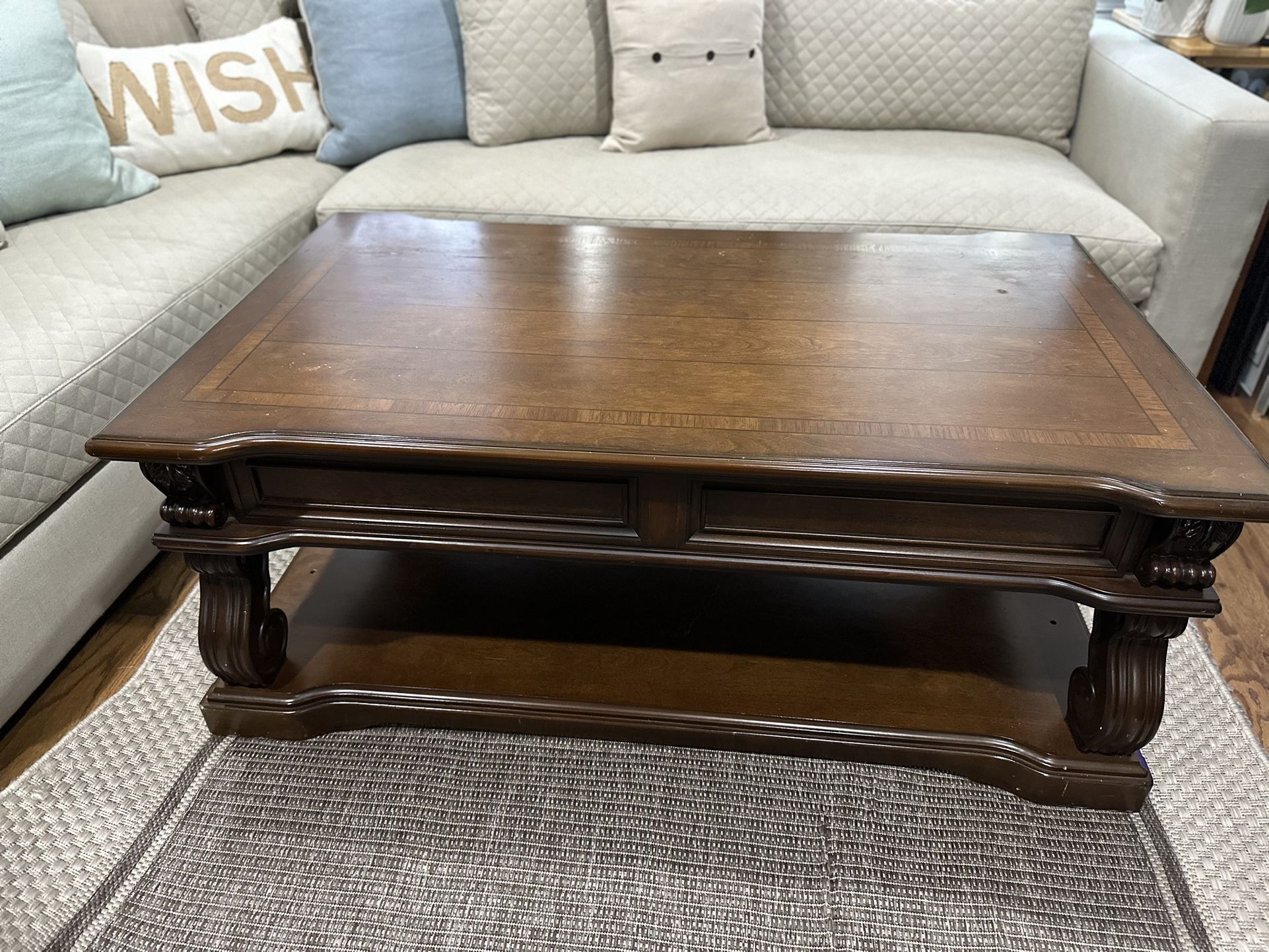 2 Drawer Scroll Lift Top Cocktail Table with Open Bottom Shelf, Brown With A Match End Table