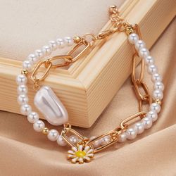 Multilayer Irregular Imitation Pearl Chunky Chain Star Flower Pendant Bracelet