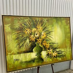 Mid-century 1960’s wood framed original oil on canvas abstract floral still life painting by J Moran