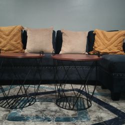 Navy Blue Sectional with two coffee tables 