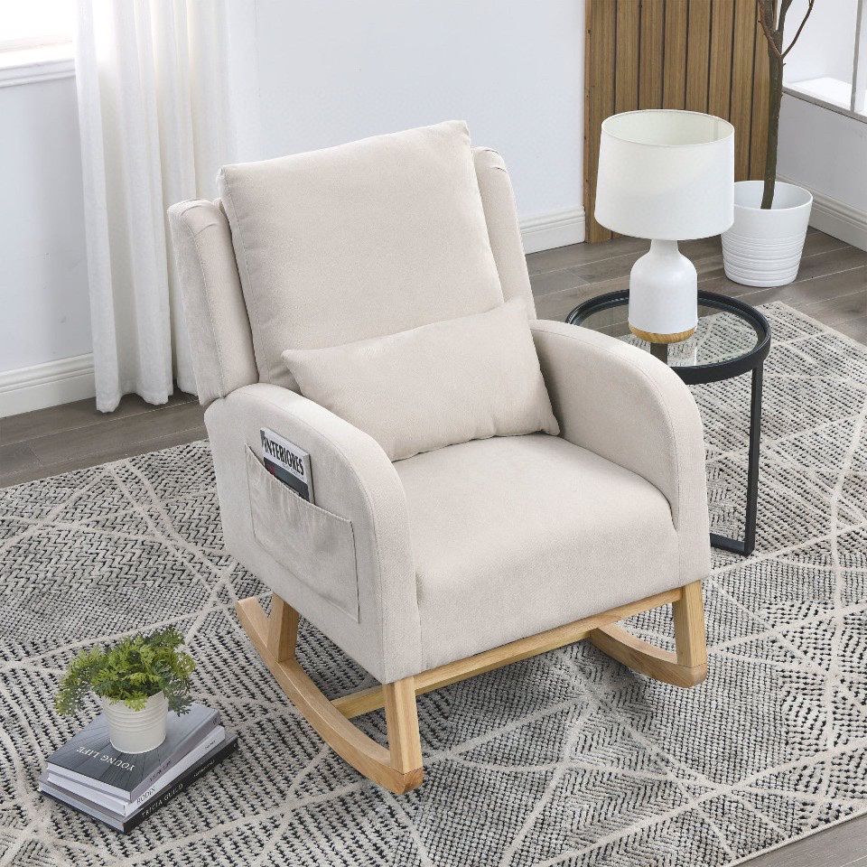 Accent Rocking Chair with Lumbar Pillow, Upholstered Teddy Fabric Rocker Recliner Chair with High Back and Two Side Pockets, Comfy Armchair Rocker Gli