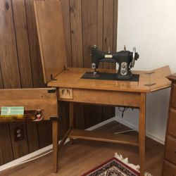Vintage White Sewing Machine And Table