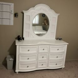 White Dresser with Mirror – $200 – Small Crack on Mirror