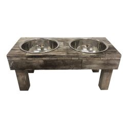 Huntley Pet Berjen Table Elevated Double Bowl Pet Feeder, Brown Wash Large