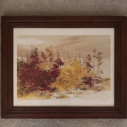 Autumn Hike Print by John Allen Stock 1986 with Wide Dark Wood Frame under Glass. 32 inches wide by 26 inches tall.
