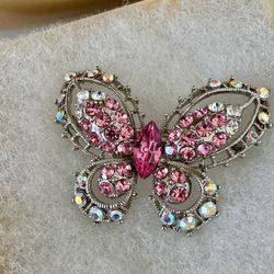 Women’s Jewelry, Brooch, Butterfly Pink and Iridescent Rhinestone, Silver Tone Brooch